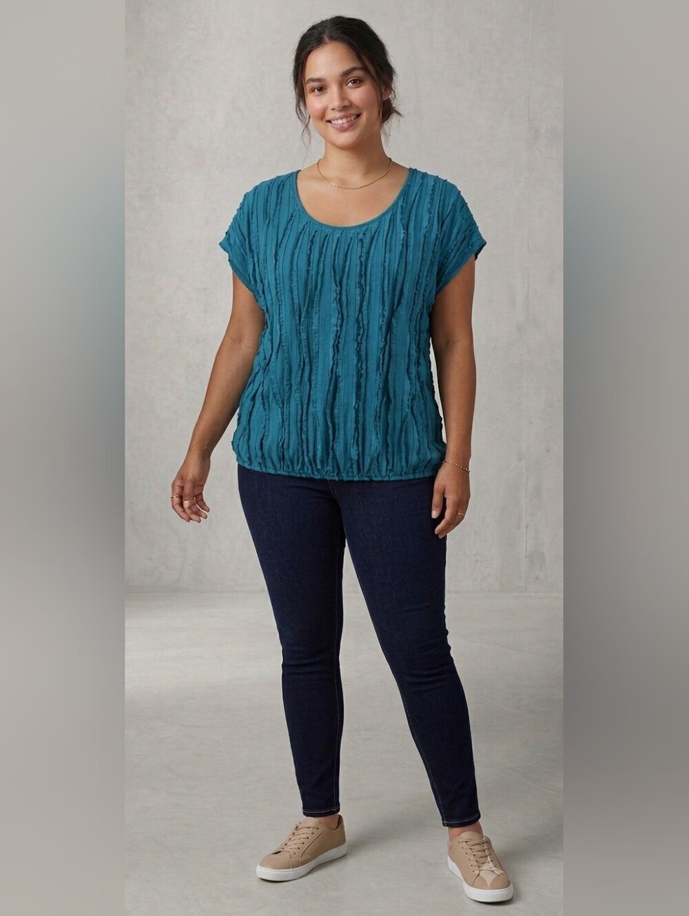 NAIF Teal Ruffle-Texture Short Sleeve Scoop Neck Top